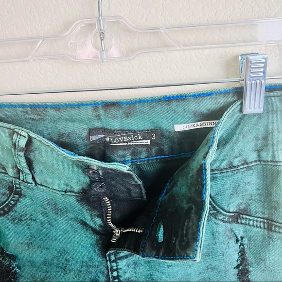 RARE Lovesick Green & Black Acid Wash 3-Button Distressed Skinny Jeans - Picture 5 of 8
